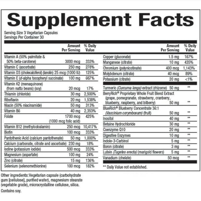 Close-up of MultiFactors 50+ capsules for a simple three-capsule daily serving