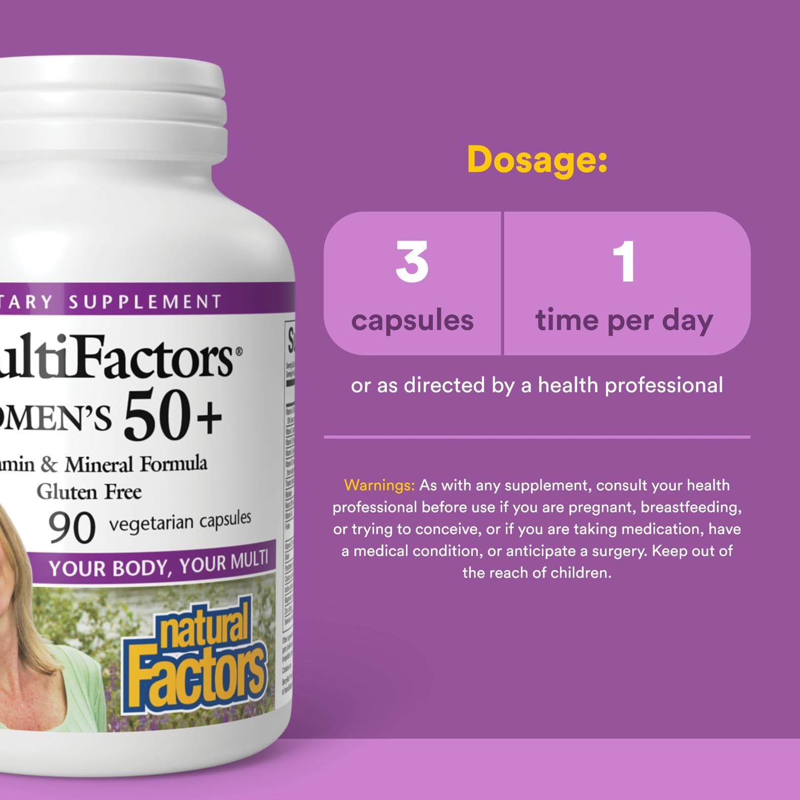 Product label of Natural Factors MultiFactors 50+ highlighting 35+ nutrients