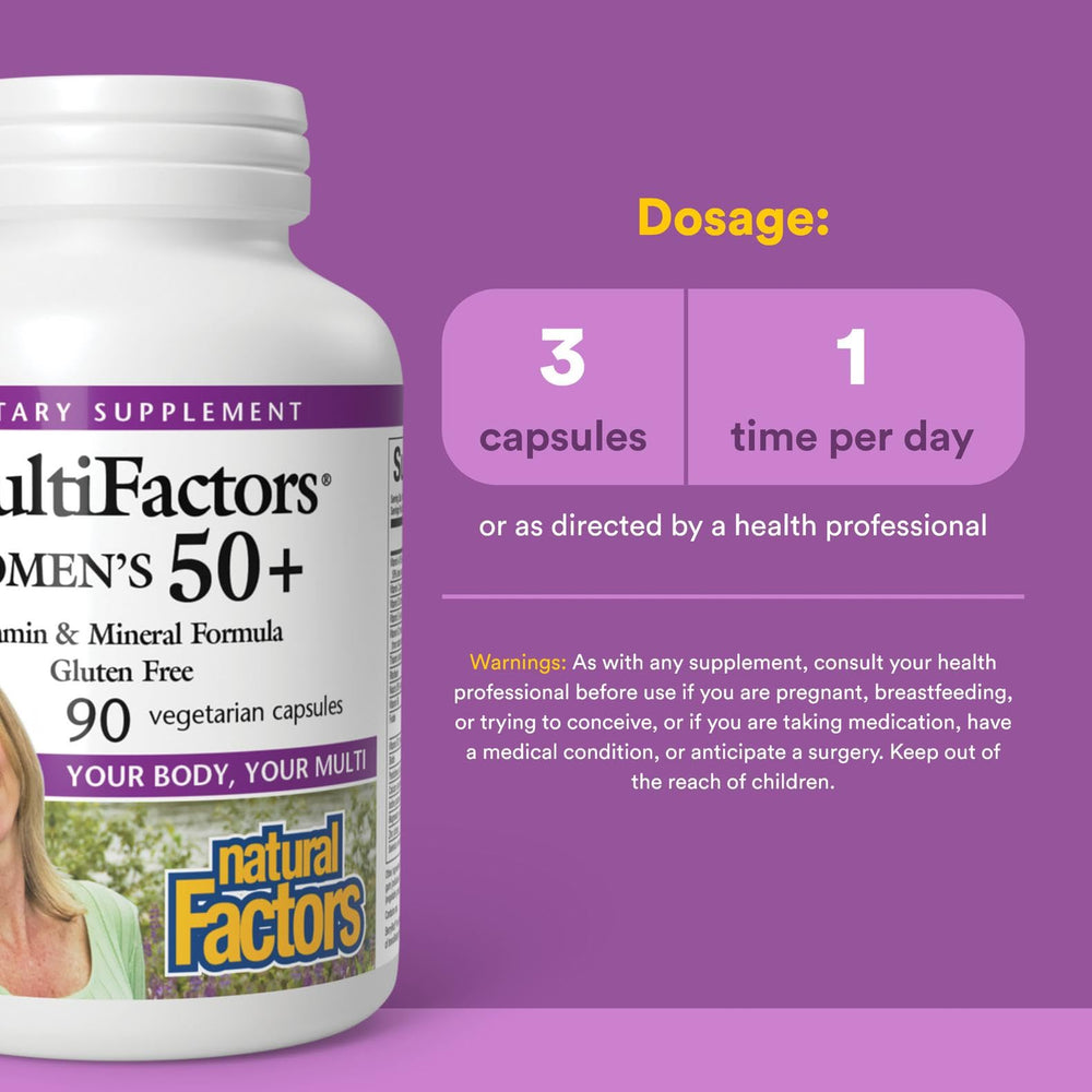 Product label of Natural Factors MultiFactors 50+ highlighting 35+ nutrients