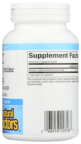 Natural Factors NAC gluten-free label highlights allergen-friendly supplement.