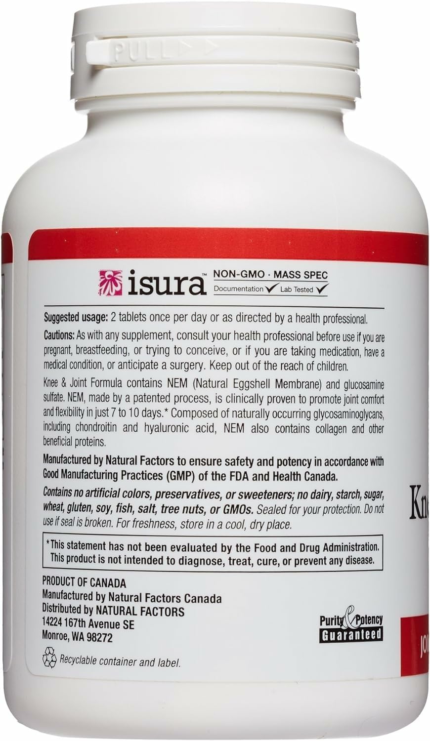 Natural Factors NEM Knee & Joint ingredients card shows chondroitin glucosamine and collagen.