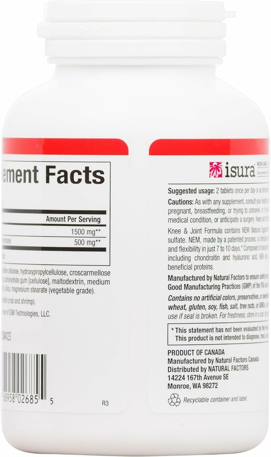 Natural Factors NEM Knee & Joint label shows non-GMO and allergen-free features.