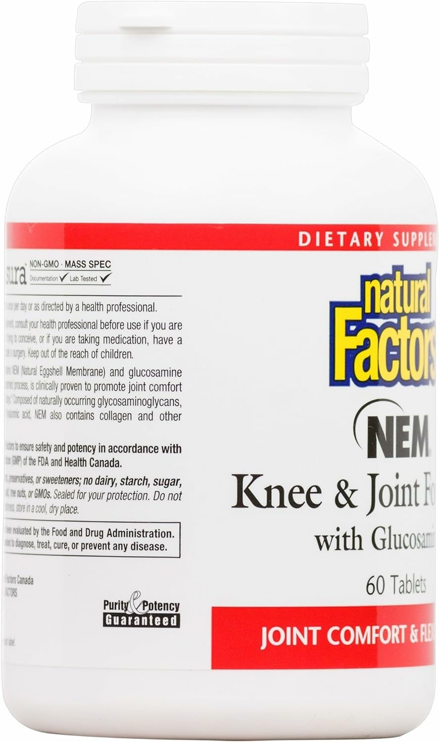 Natural Factors NEM Knee & Joint testing seal indicates third-party verification.