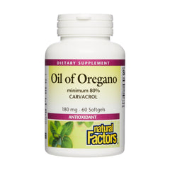 Natural Factors Oil of Oregano bottle close-up with softgels for immune support