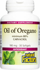 Natural Factors Oil of Oregano bottle highlighting immune-supporting herbal blend.