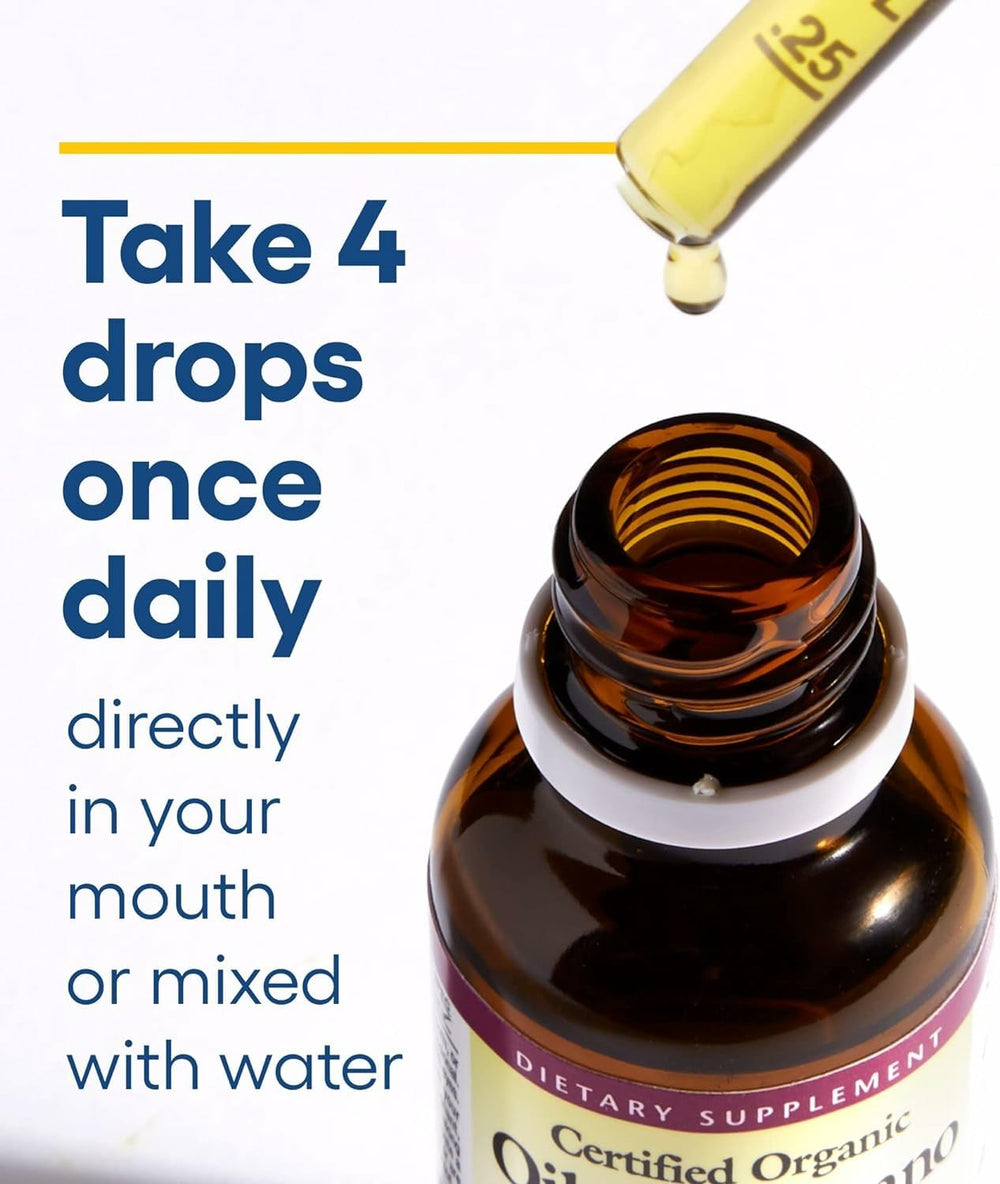 Natural Factors Oil of Oregano drops in mouth for convenient daily use.