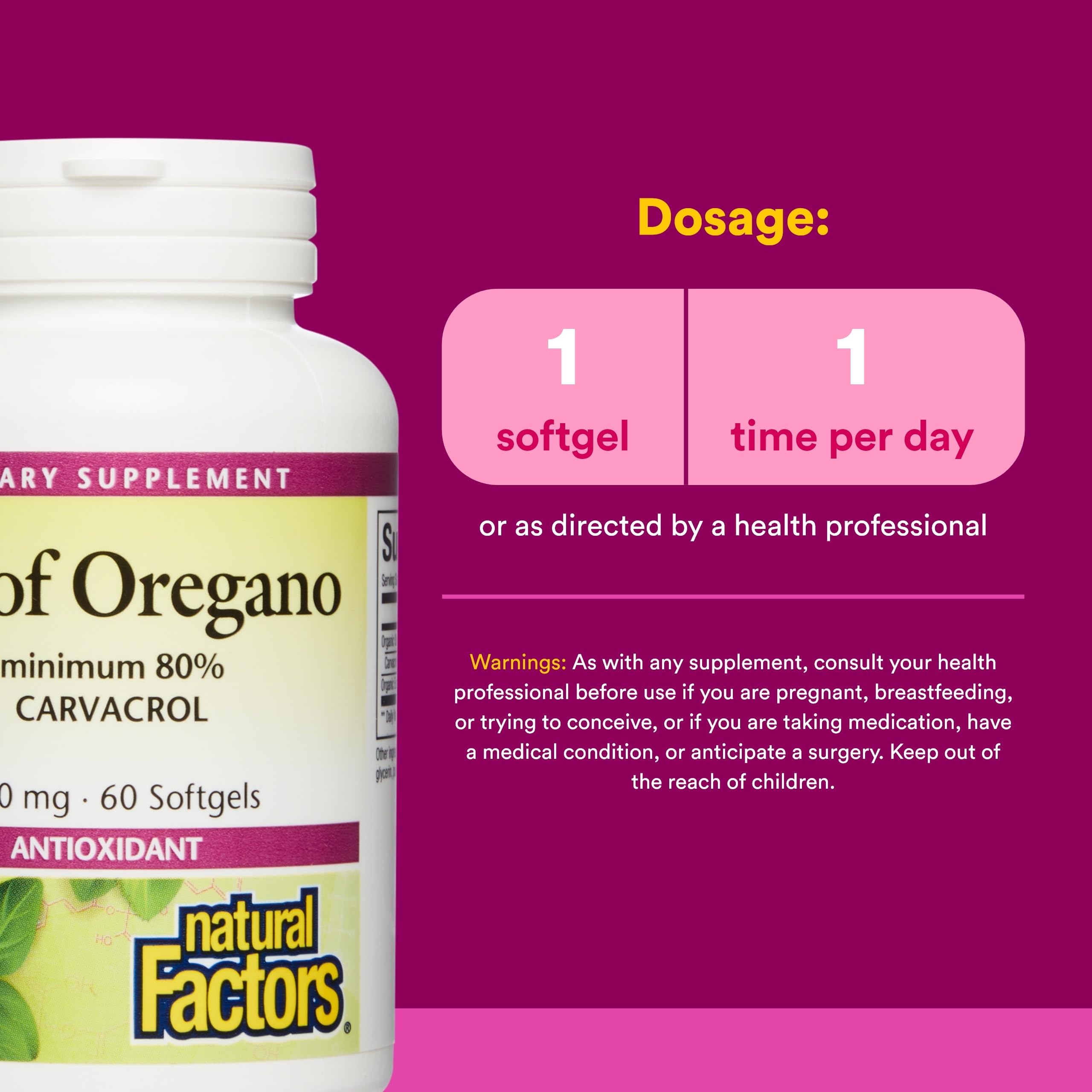 Natural Factors Oil of Oregano with olive oil and vitamin E ingredients