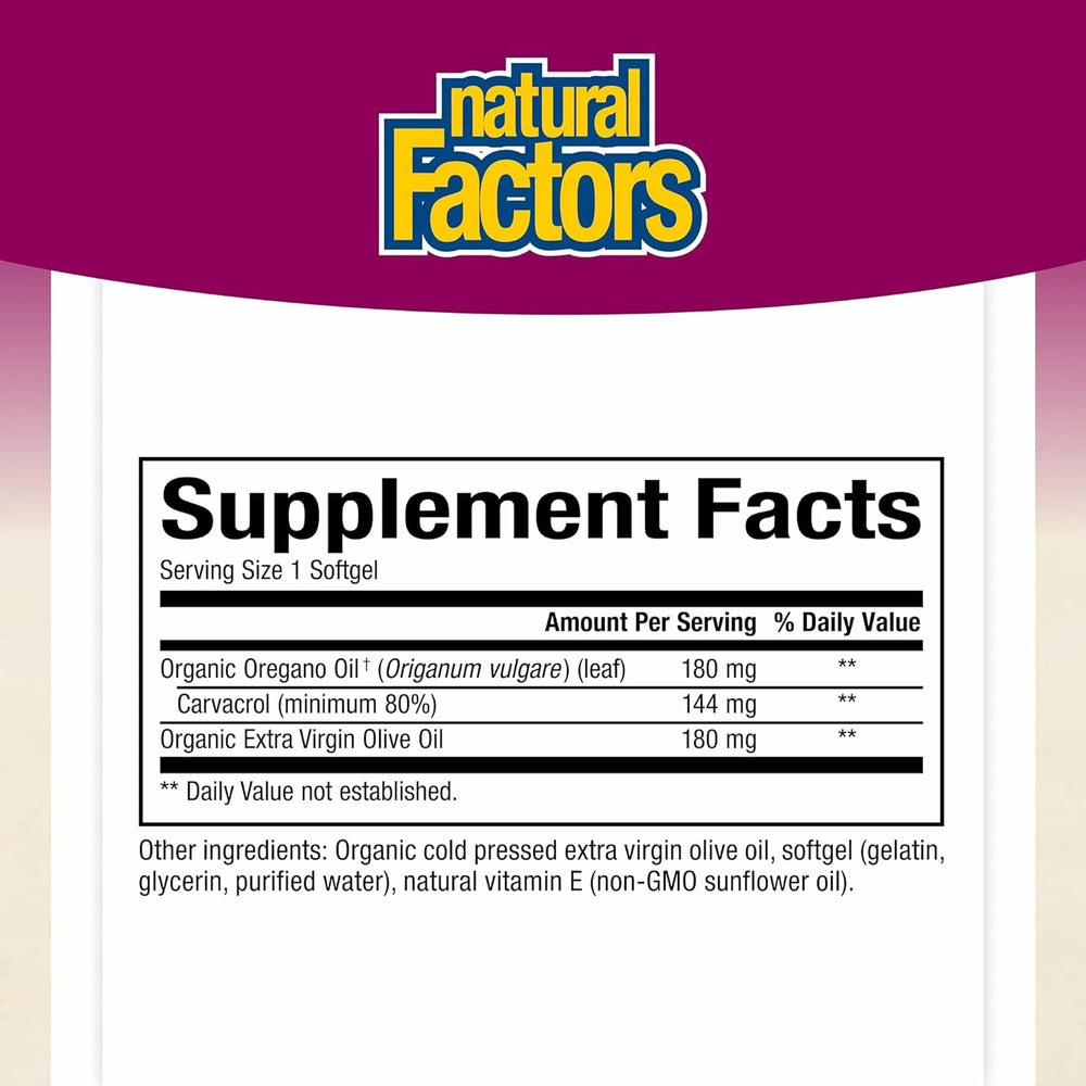 Natural Factors Oil of Oregano softgels designed for convenient daily use.