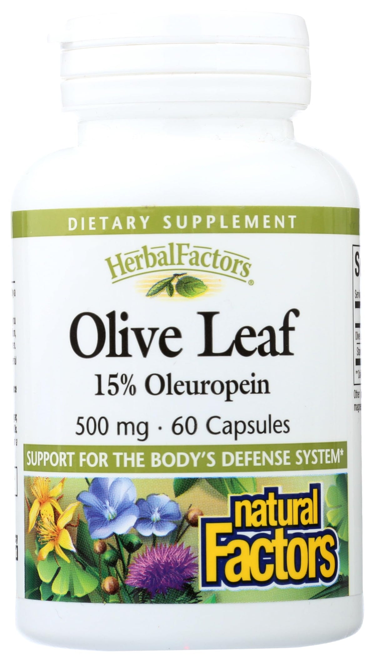 Natural Factors Olive Leaf 500 mg bottle front supports immune wellness naturally.