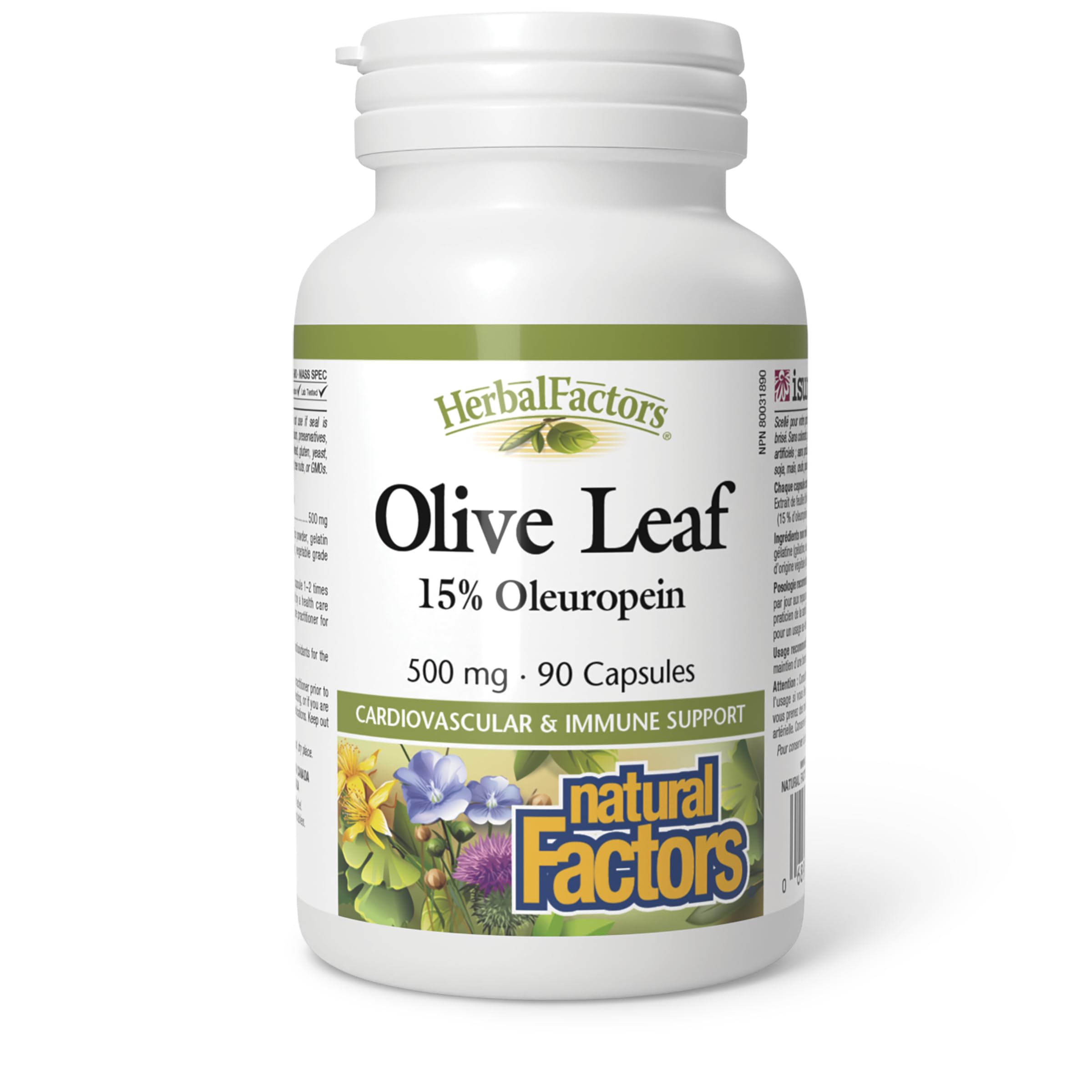 Natural Factors HerbalFactors olive leaf bottle with 90 capsules for immune support