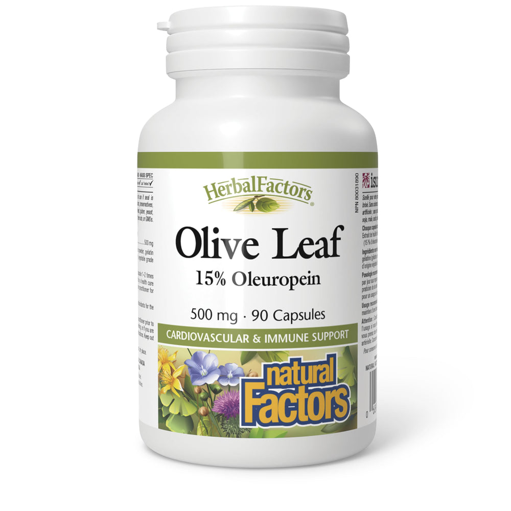 Natural Factors HerbalFactors olive leaf bottle with 90 capsules for immune support