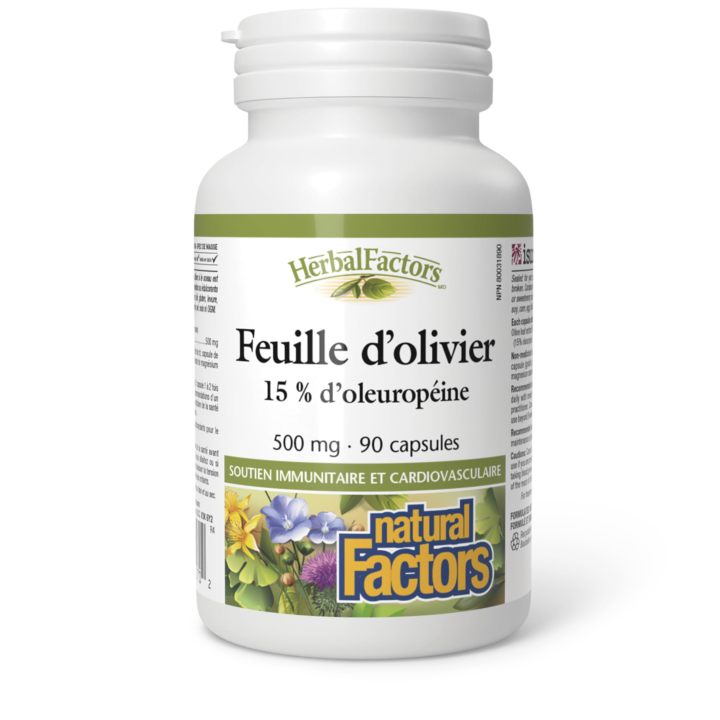 Natural Factors olive leaf capsules showing 500 mg standardization for antioxidant benefits