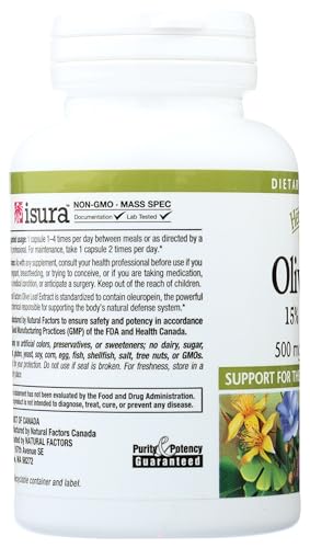 Natural Factors Olive Leaf label detail emphasizes oleuropein-rich formula.