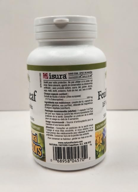 Capsules pouring from Natural Factors olive leaf bottle for daily use