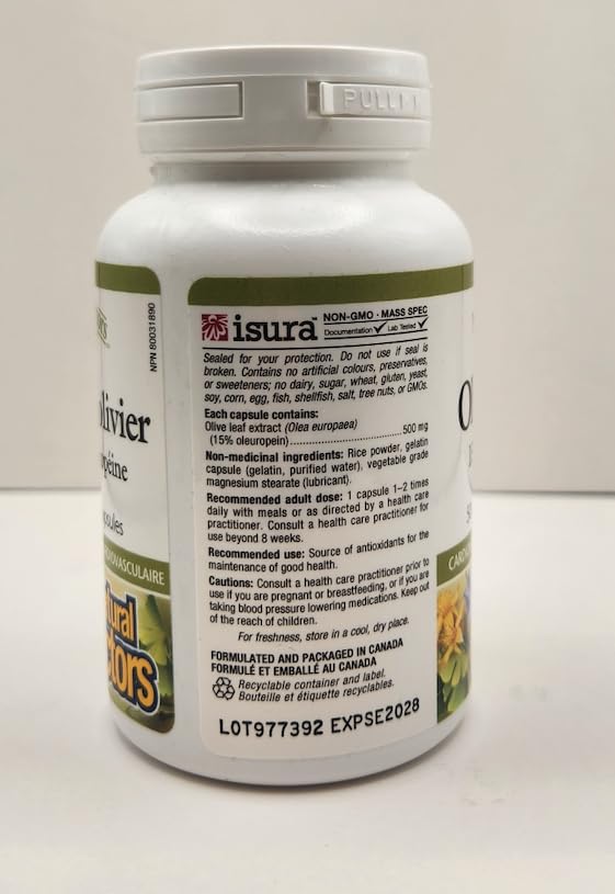Natural Factors olive leaf packaging shows ingredients list and oleuropein content