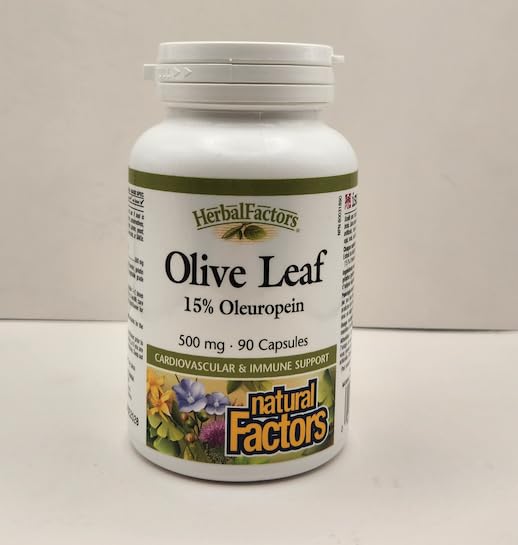 Natural Factors olive leaf label highlights non-GMO gluten-free and dairy-free attributes