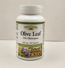 Natural Factors olive leaf label highlights non-GMO gluten-free and dairy-free attributes