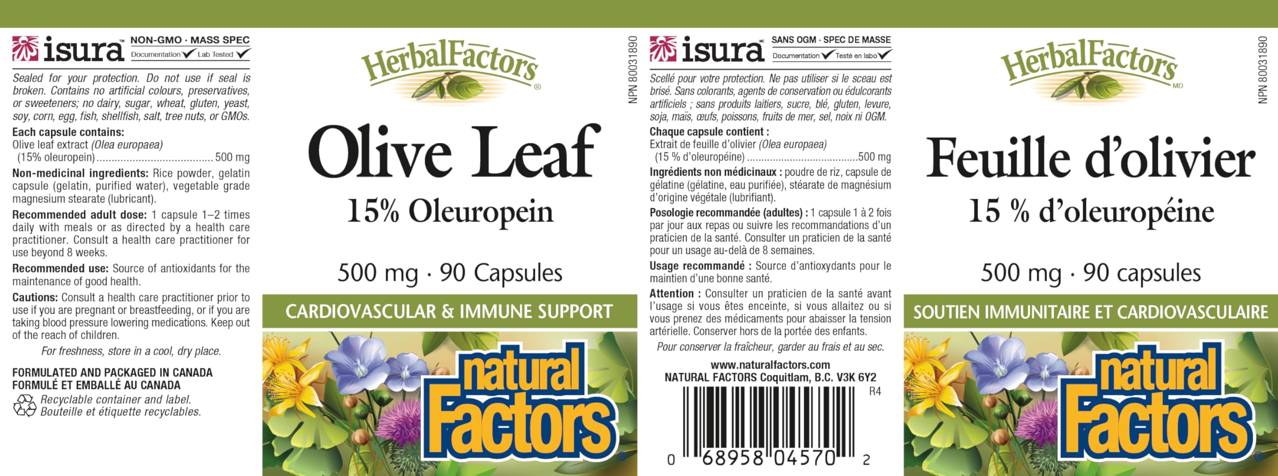 Front view of Natural Factors olive leaf package with branding