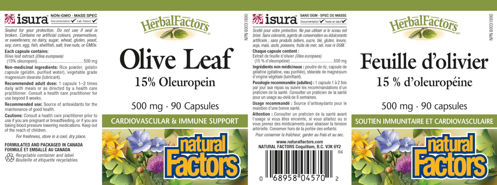 Front view of Natural Factors olive leaf package with branding