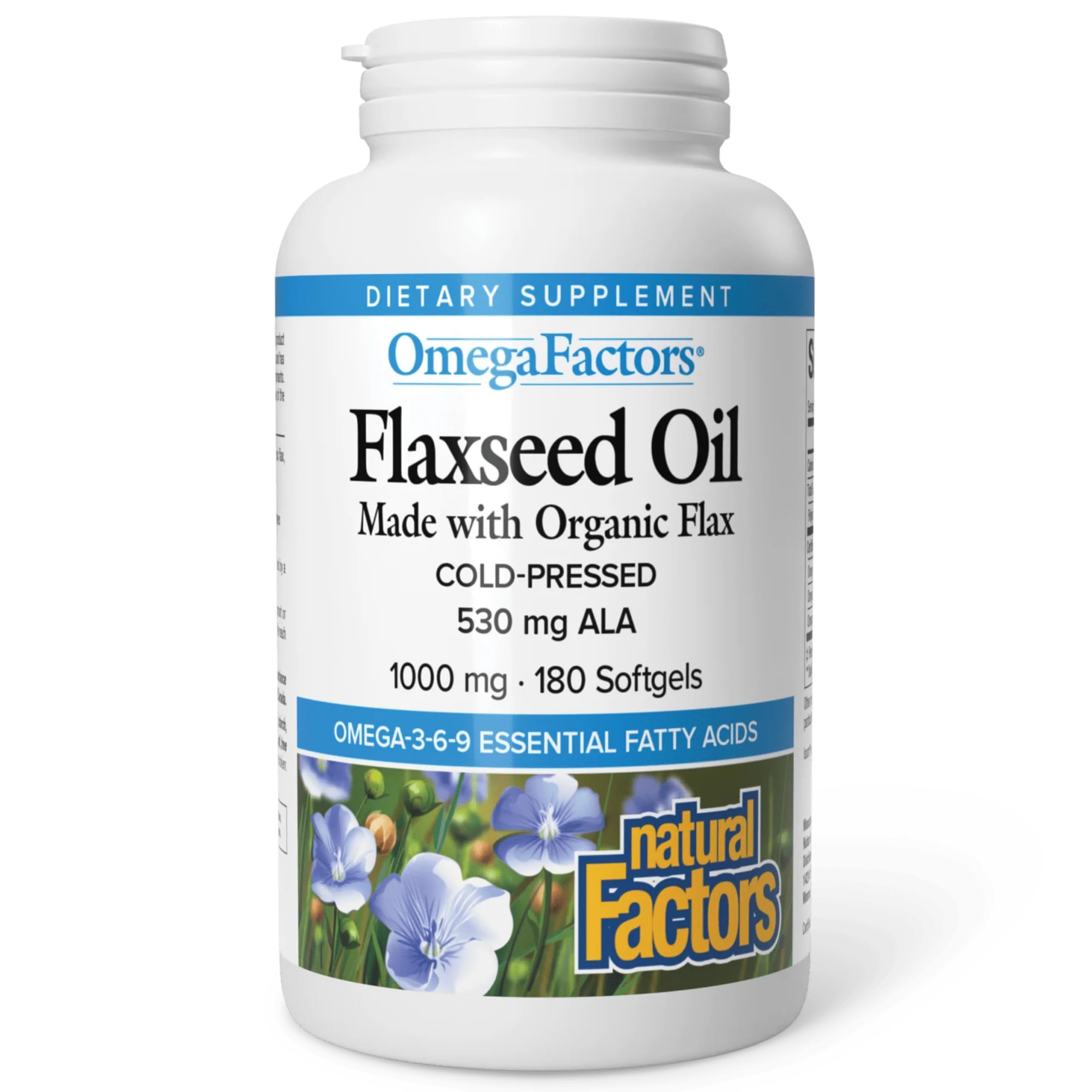 Natural Factors Omega Factors flaxseed oil bottle with organic labeling