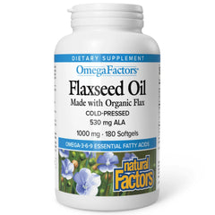 Natural Factors Omega Factors flaxseed oil bottle with organic labeling