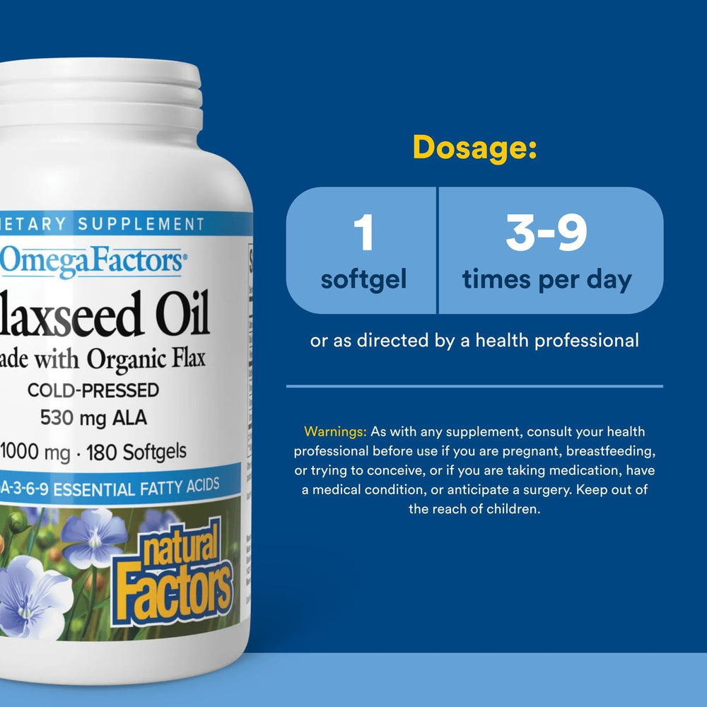 Close-up of flaxseed oil label highlighting certified-organic flax and cold-pressed extraction