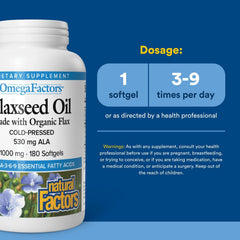 Close-up of flaxseed oil label highlighting certified-organic flax and cold-pressed extraction