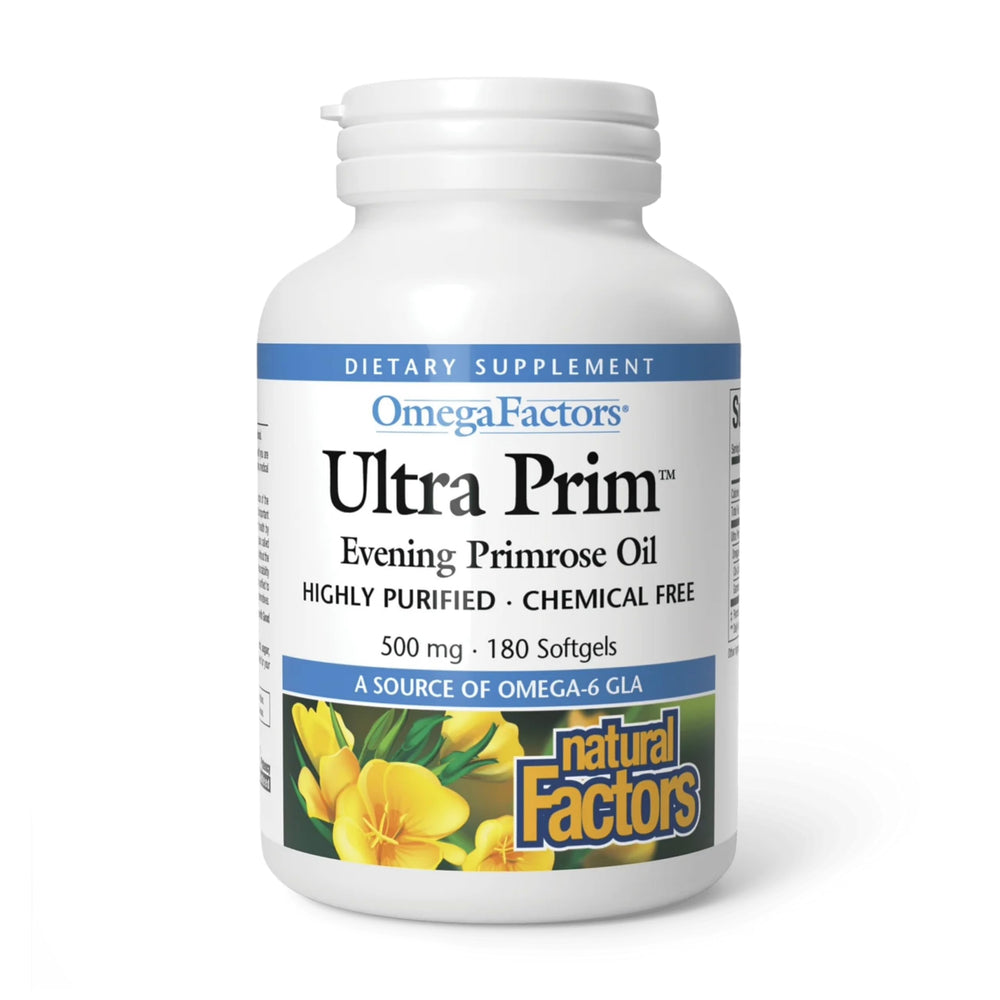 Natural Factors Omega Factors Ultra Prim Evening Primrose Oil bottle on shelf supports daily wellness.