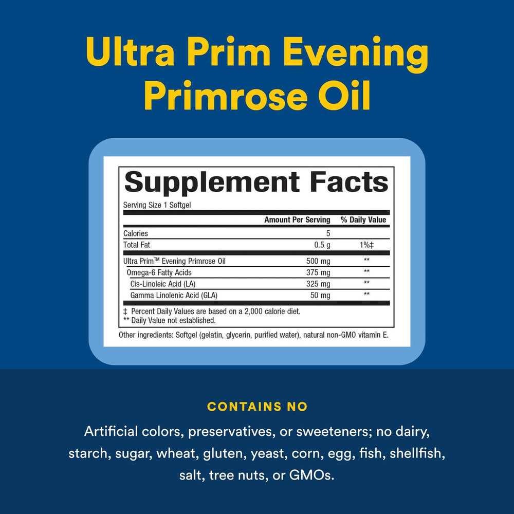 Natural Factors Omega Factors Ultra Prim Evening Primrose Oil label highlights purity and testing.
