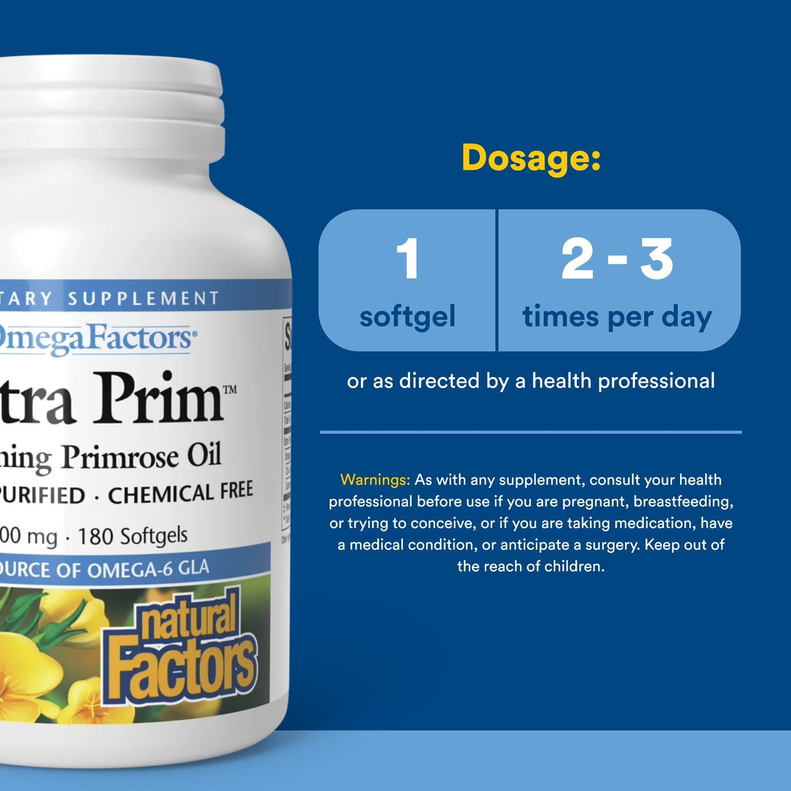 Natural Factors Omega Factors Ultra Prim Evening Primrose Oil bottle pour demonstrates easy daily use.