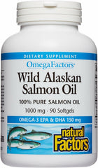 Natural Factors Omega Factors wild-alaskan-salmon-oil bottle displays EPA and DHA benefits for heart and brain health