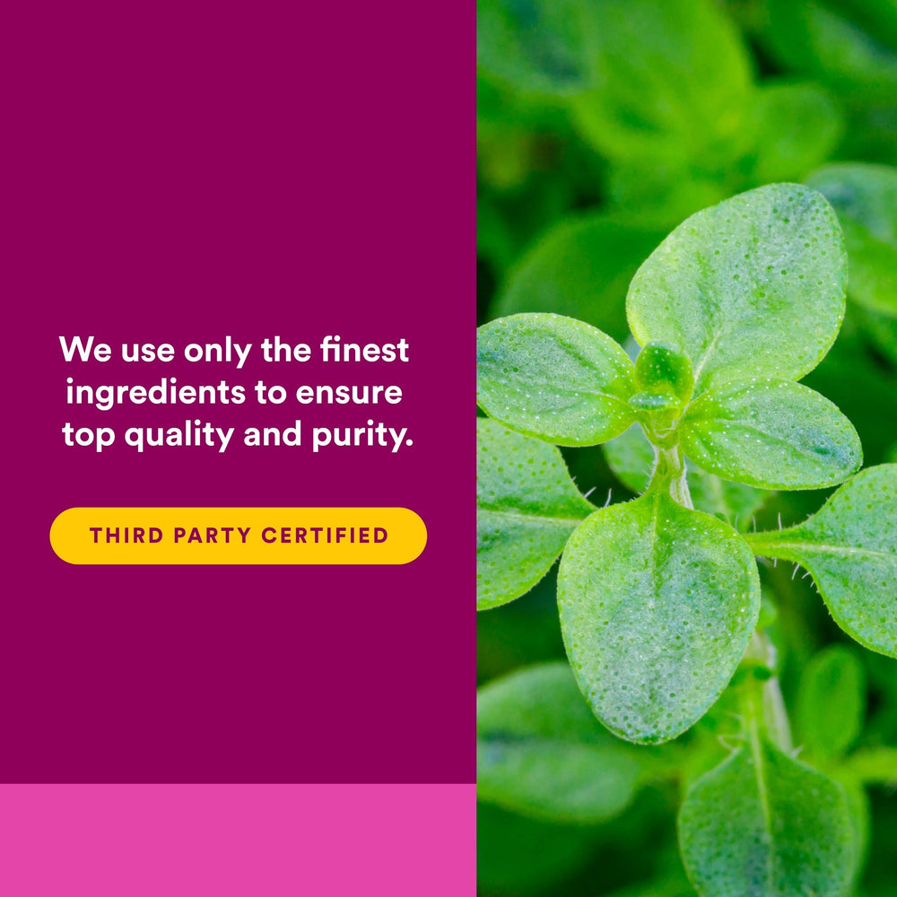Ingredient panel highlights steam distillation and carvacrol percentage in oregano oil.