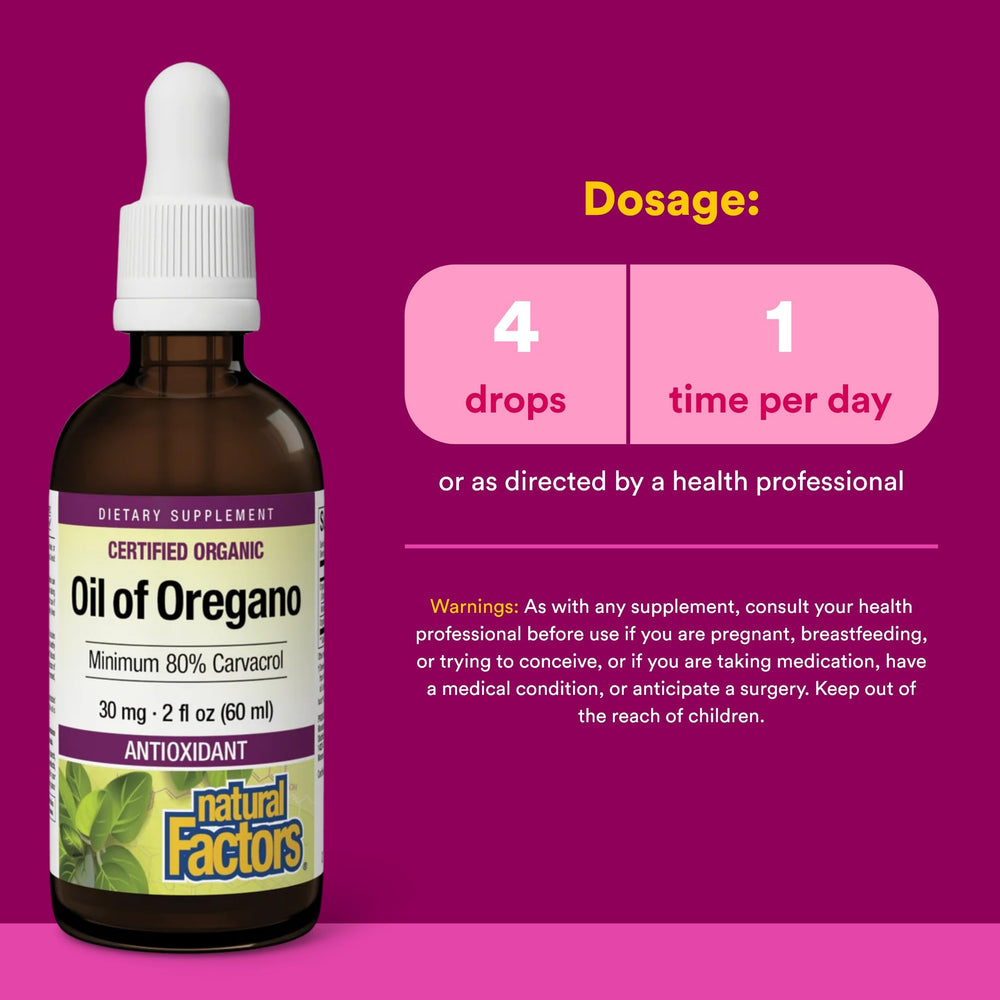 Natural Factors label notes non-GMO and gluten-free formula for oregano oil.