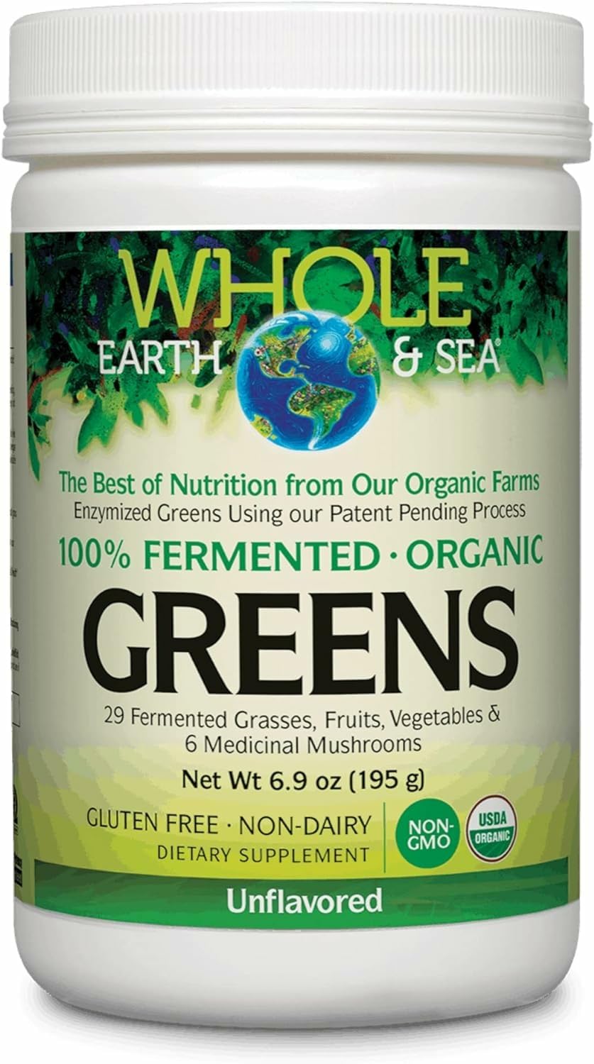 Natural Factors Organic Greens bottle shown for daily antioxidant support and easy use.