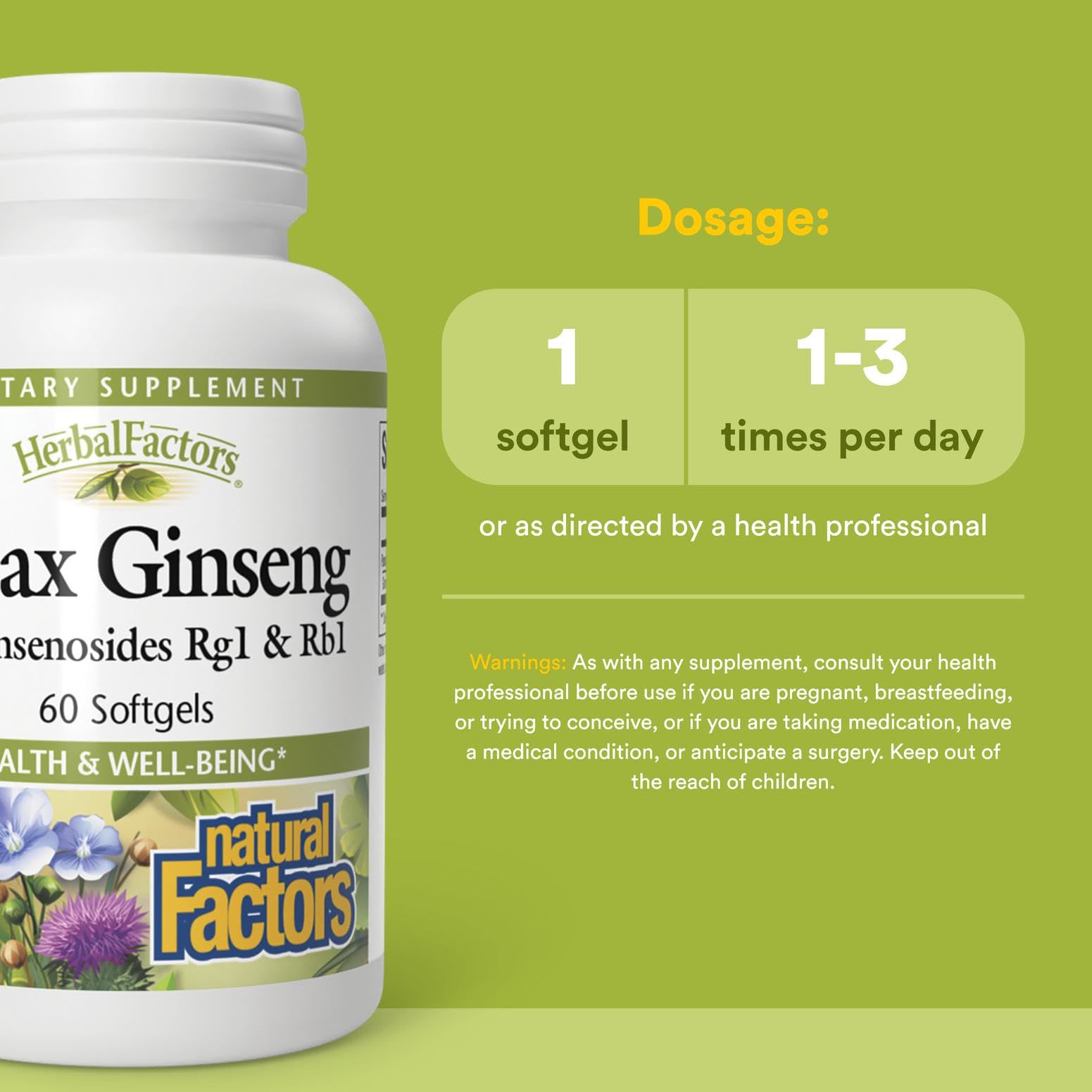 Natural Factors Panax Ginseng capsules closeup of smooth softgels for daily use.