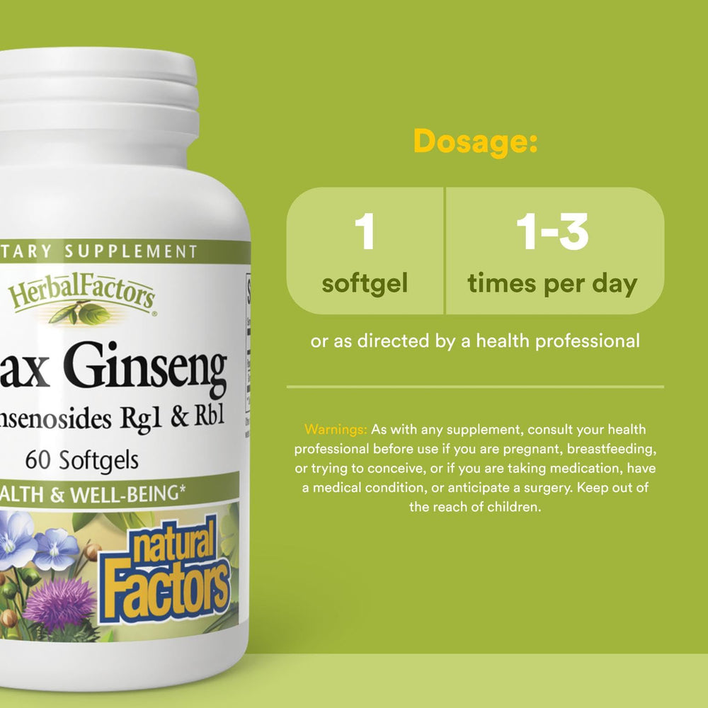Natural Factors Panax Ginseng capsules closeup of smooth softgels for daily use.