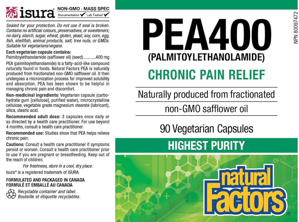 Natural Factors PEA400 bottle side view highlights daily use