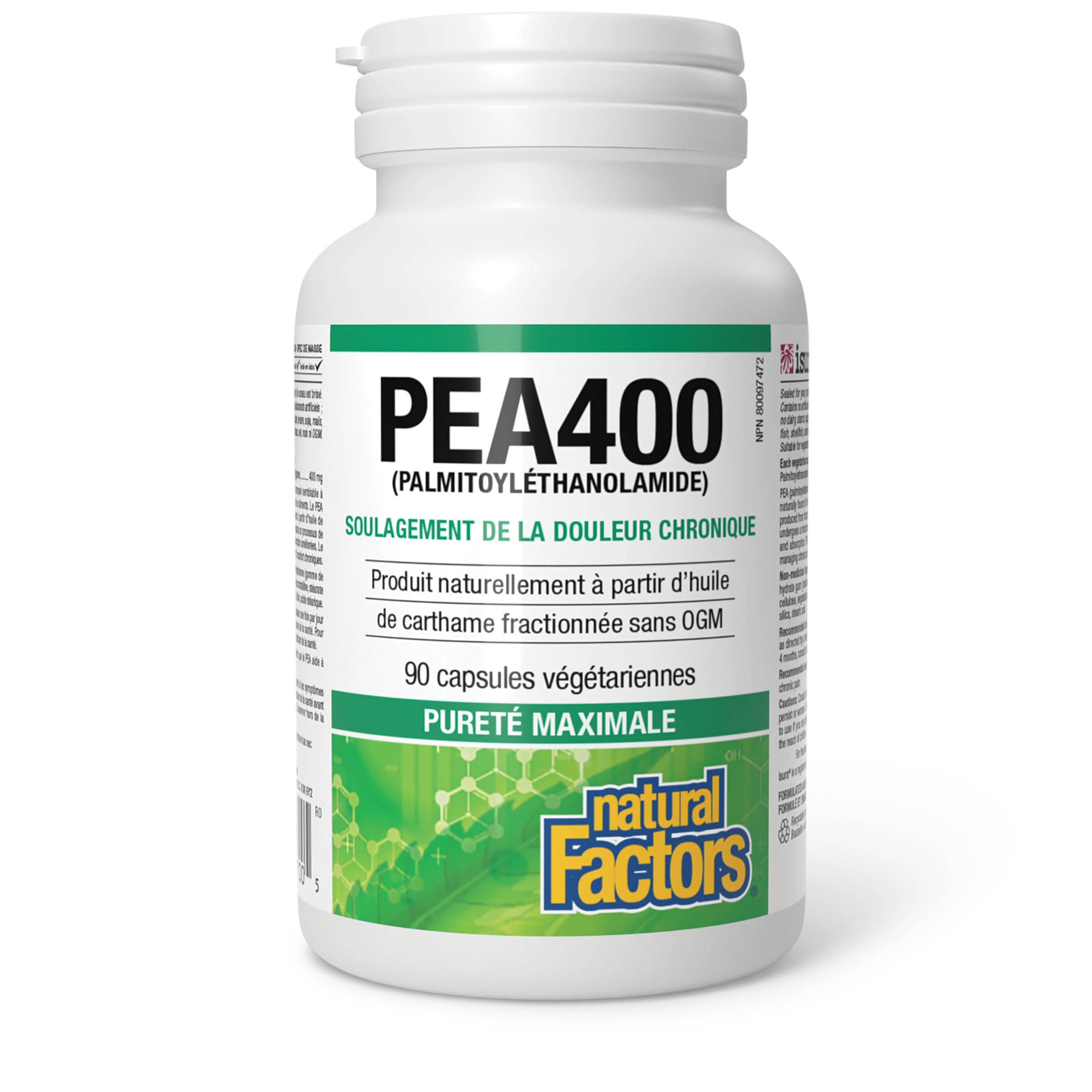 Natural Factors PEA400 container back shows purity and allergen-free ingredients