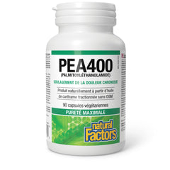 Natural Factors PEA400 container back shows purity and allergen-free ingredients