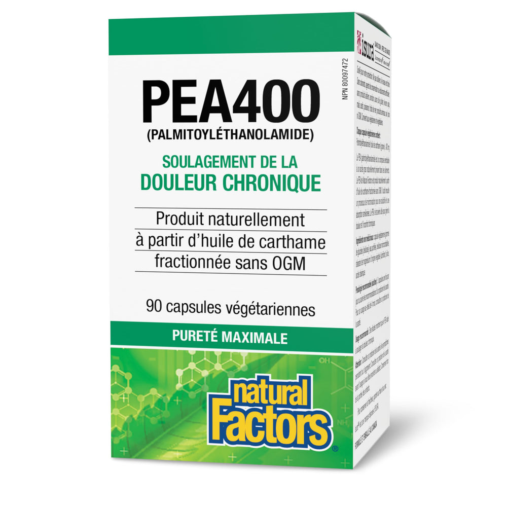 Natural Factors PEA400 label emphasizes vegan and non-GMO formula