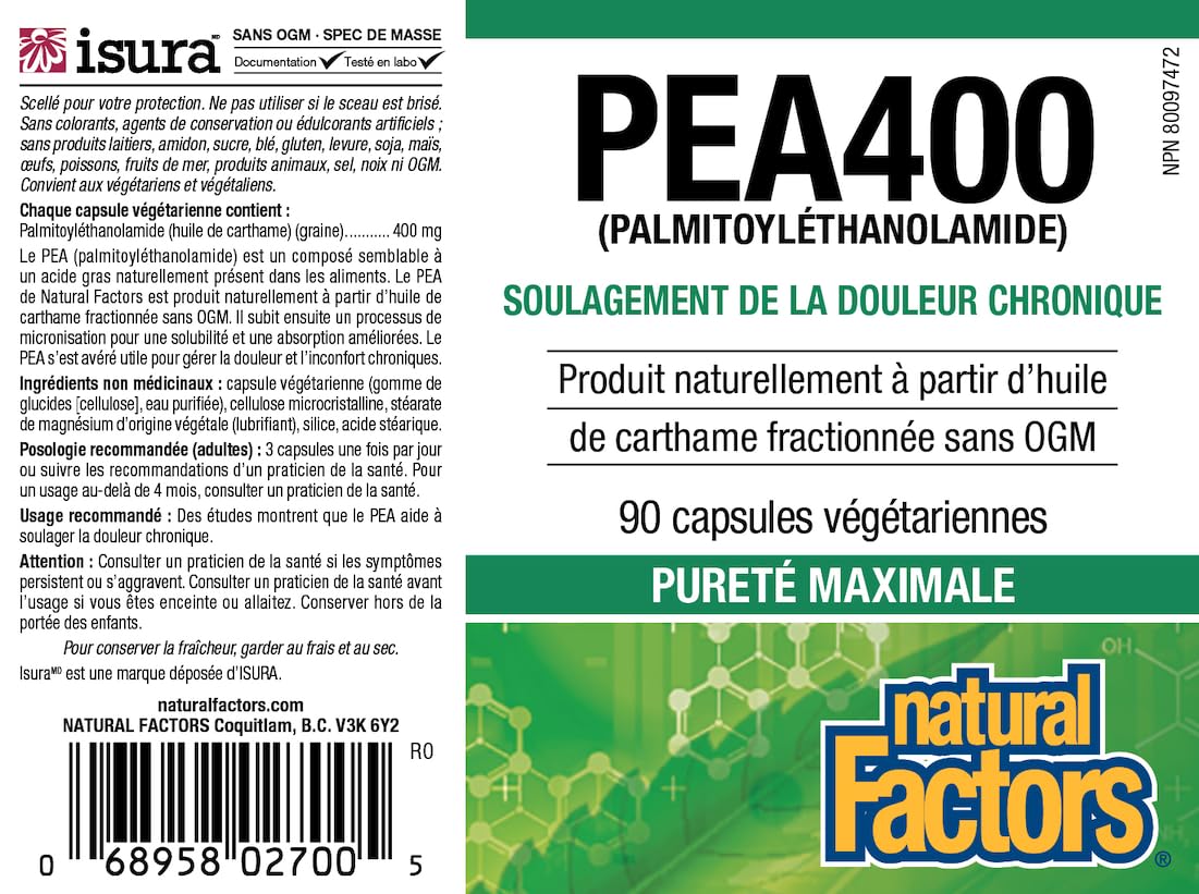 Natural Factors PEA400 packshot highlights vegan, gluten-free formula