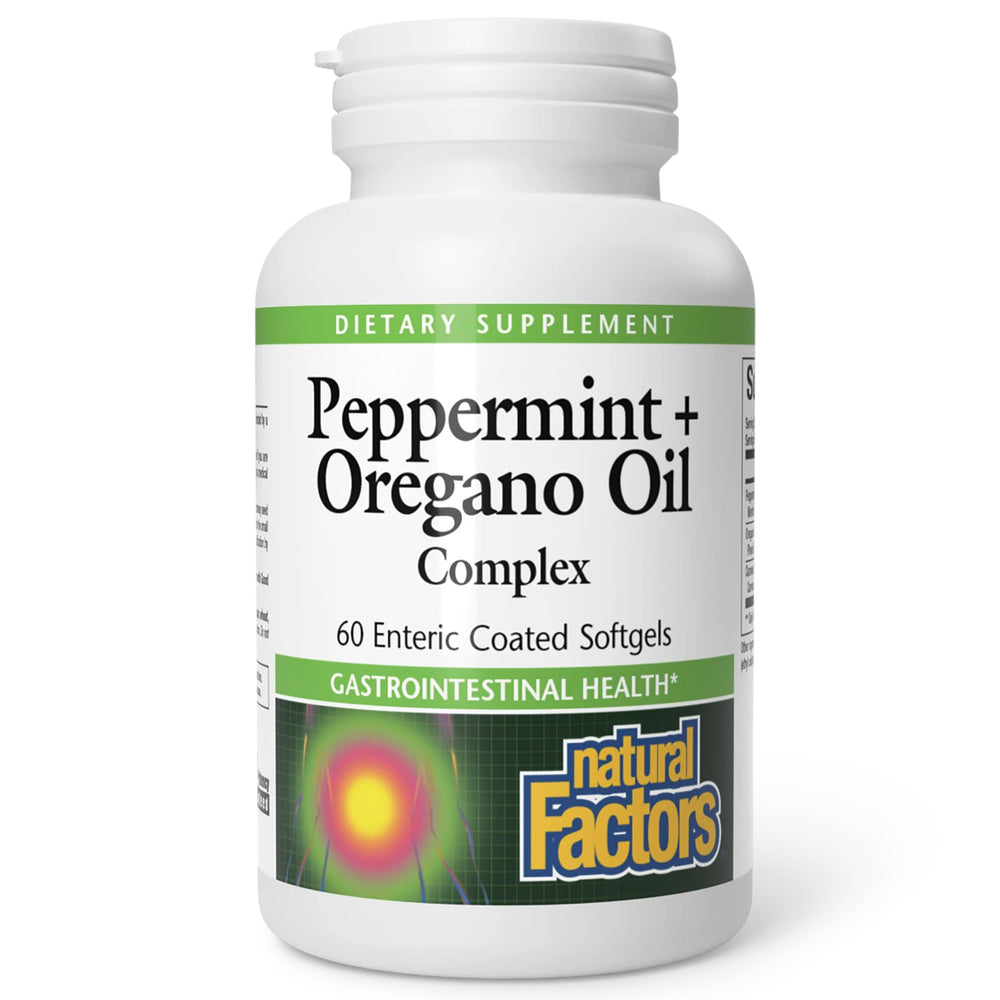 Natural Factors Peppermint and Oregano Oil Complex bottle supports digestion