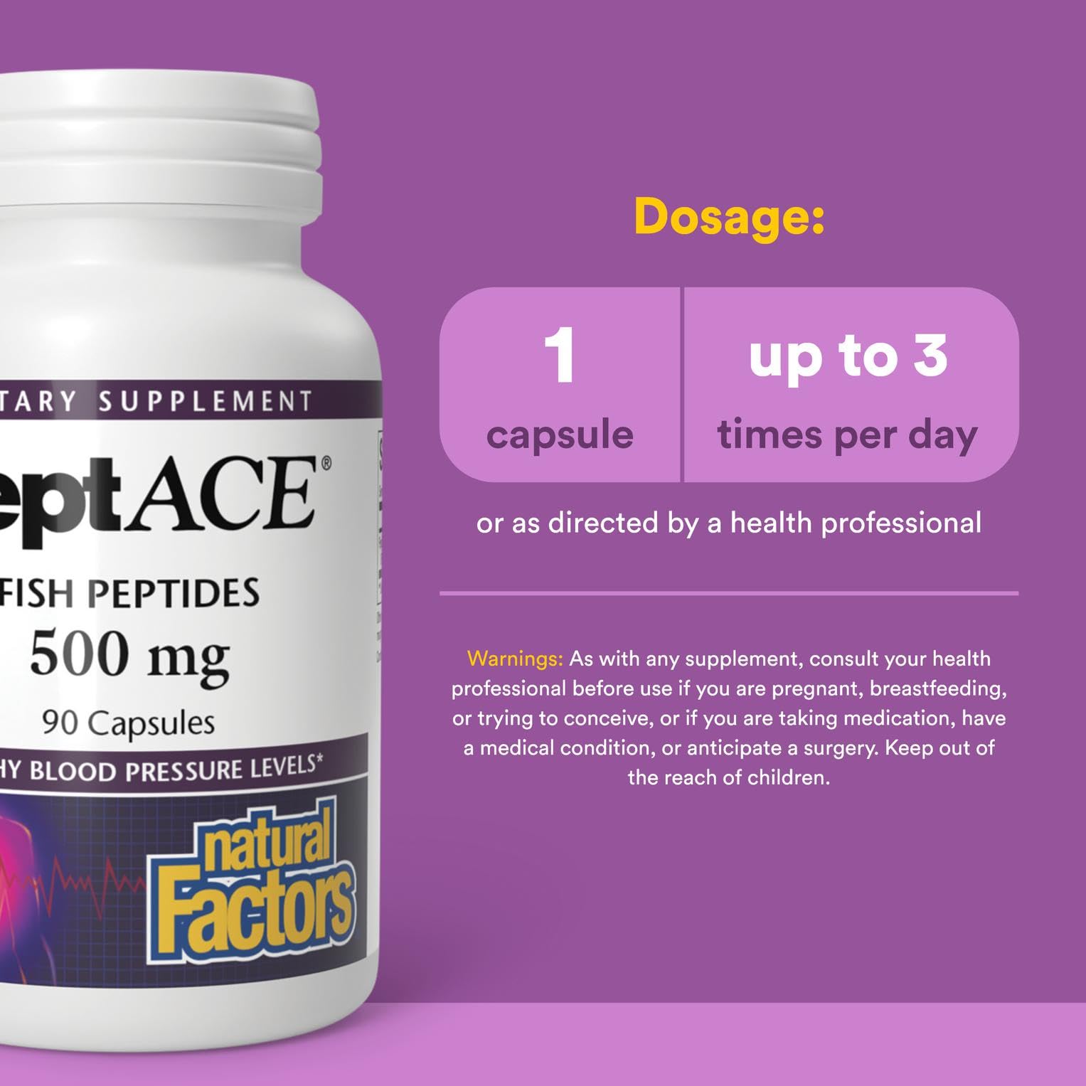 Natural Factors PEPTACE Fish Peptides packaging label shows third-party testing.
