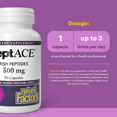 Natural Factors PEPTACE Fish Peptides packaging label shows third-party testing.