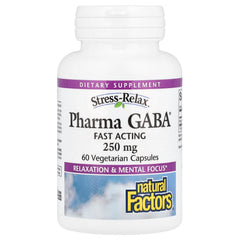 Natural Factors Pharma GABA bottle with label, daily calm support and sleep potential.