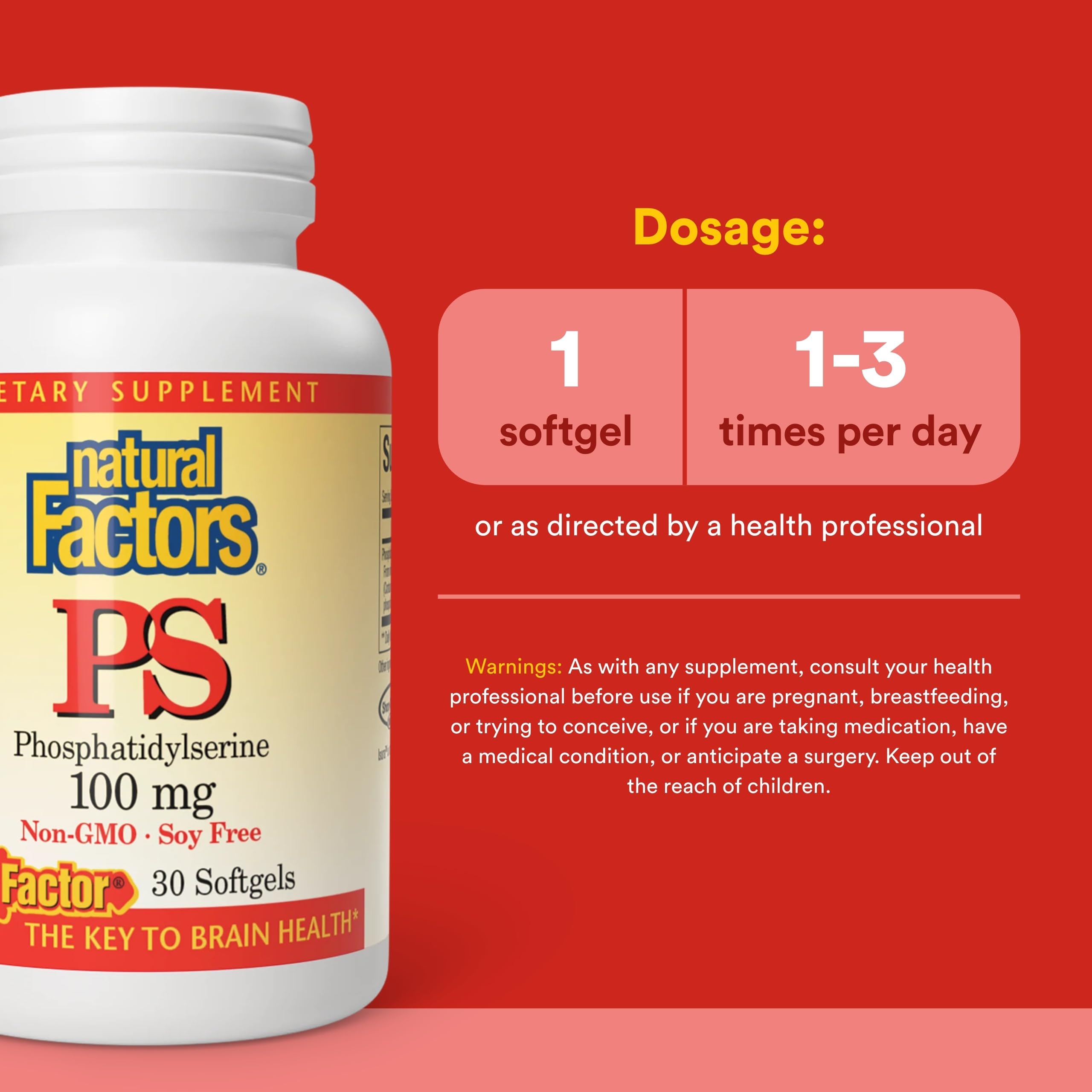 Natural Factors phosphatidylsérine – étiquette claire sur l'emballage pour transparence