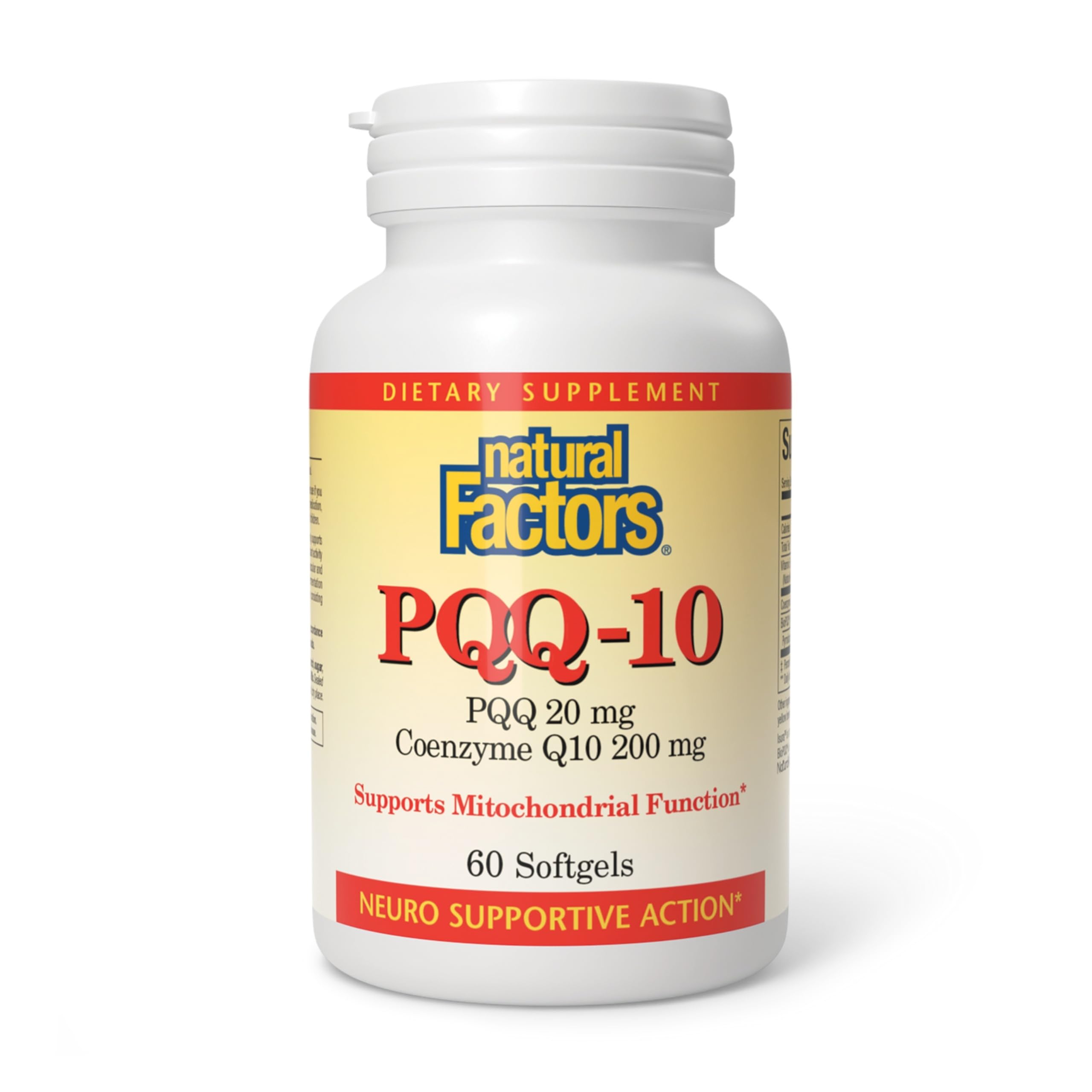 Natural Factors PQQ-10 softgel front view showing compact daily energy support