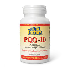 Natural Factors PQQ-10 softgel front view showing compact daily energy support