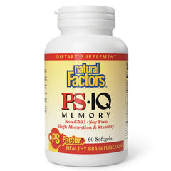 Natural Factors PS-IQ Memory bottle shown on a clean surface for daily brain support.