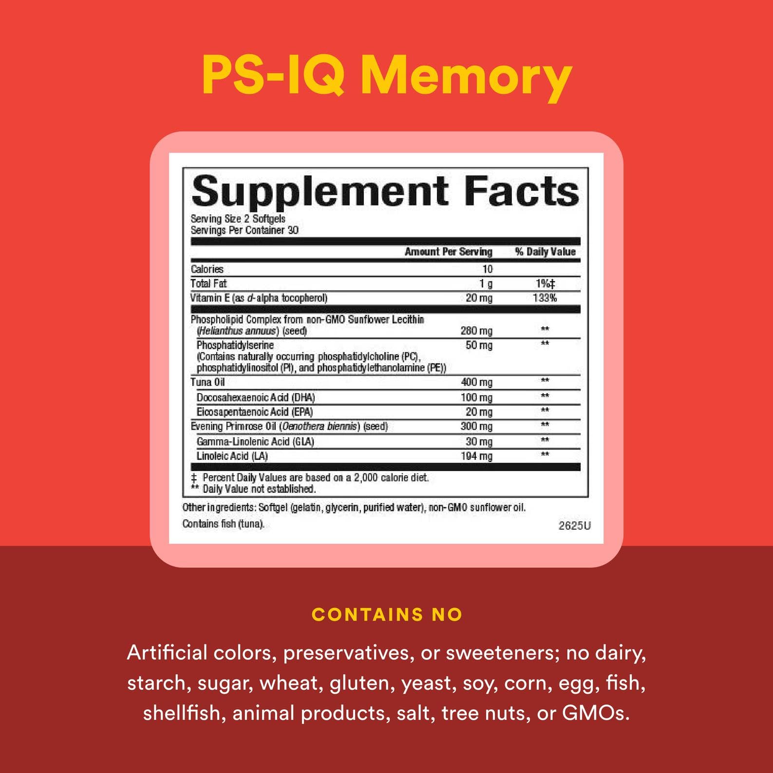 Natural Factors PS-IQ Memory supplement facts panel emphasizing potency and fatty acids.